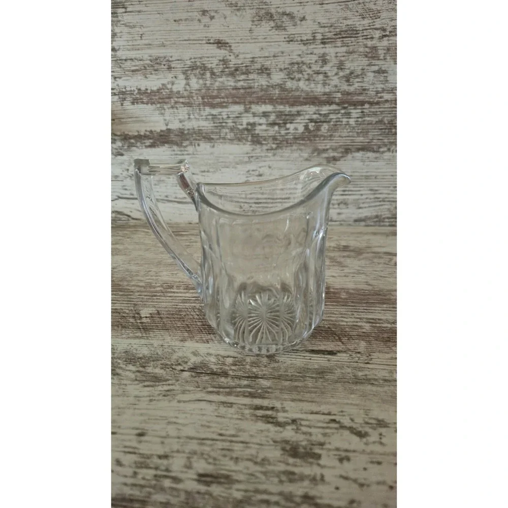 Vintage Crystal Clear Glass Creamer Columns Diamond Point Square Handle 1970